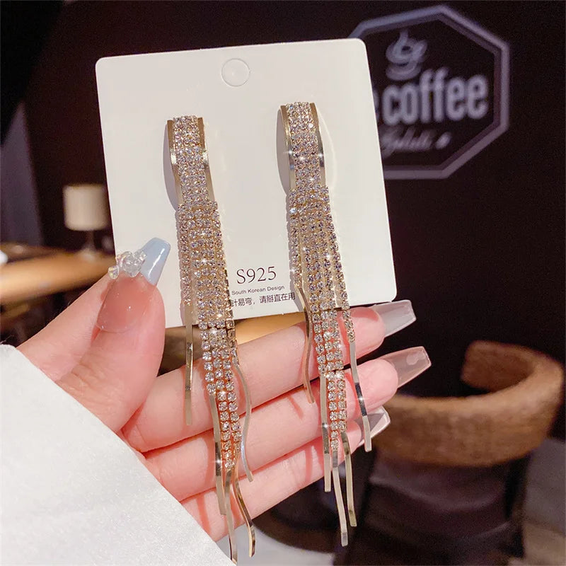 Luxury Jewelry Shiny Dangle Butterfly Earrings S925 Silver Needle Full Rhinestone Crystal Tassel Earrings for Wedding Party