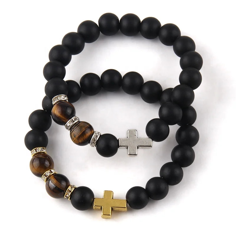 Custom Wholesale 10mm Matt Black Stone Men Jewelry Tiger Eye Rhinestone Spacer Elastic Alloy Cross Friendship Man Bracelet