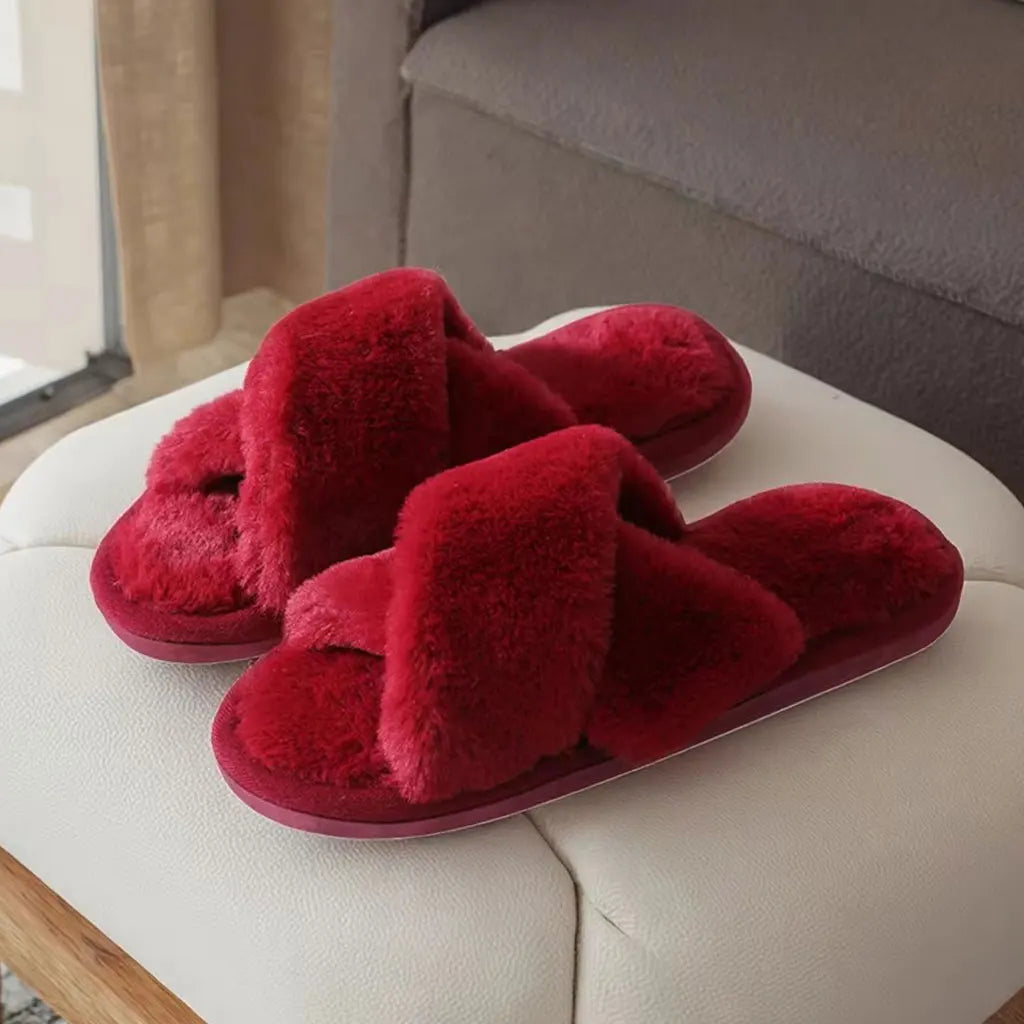 Winter Fashion Ladies Stuffed Fluffy Fuzzy Soft Bottom Indoor House Plush Open TPR Warm Cross Shoes Slides Slippers for Women