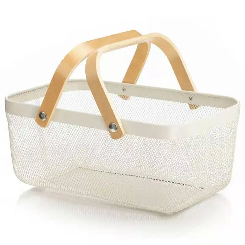 Rectangle Metal Mesh Storage Basket Desktop Morandi Color Fruit Basket with Wood Handle for Kitchen Decoration Multi-purpose