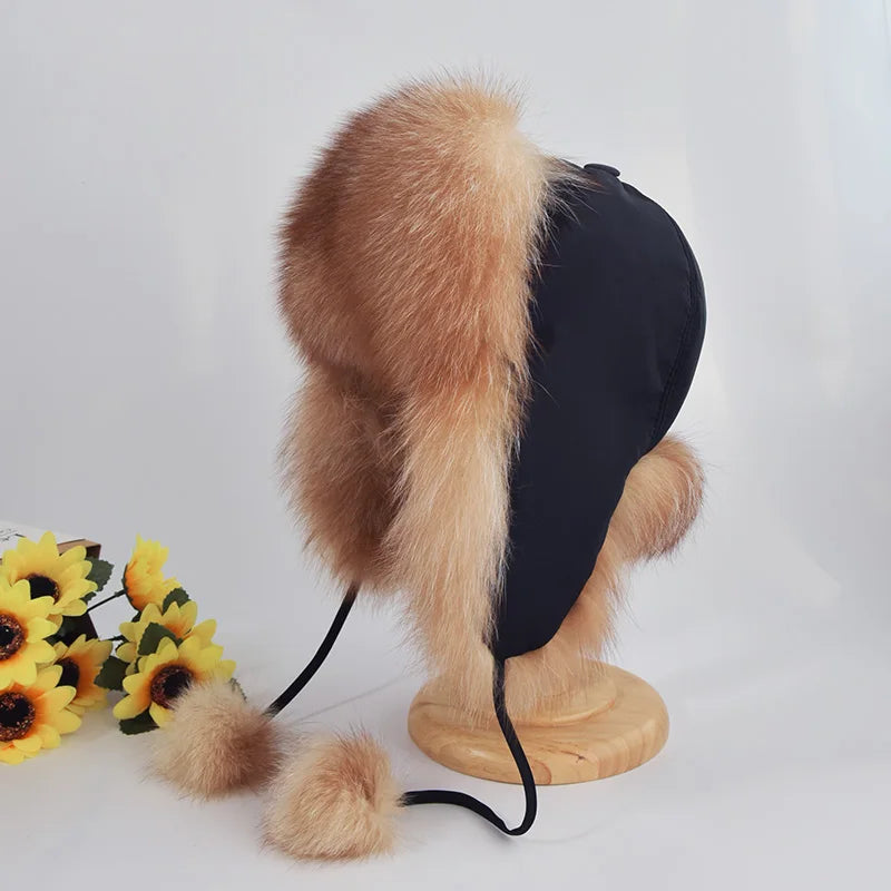 Wholesale Winter Warm Hat Real Fur Trapper Hat for Cold Winter Women Fox Fur Bomber Hats Windproof Earflap Ski Caps