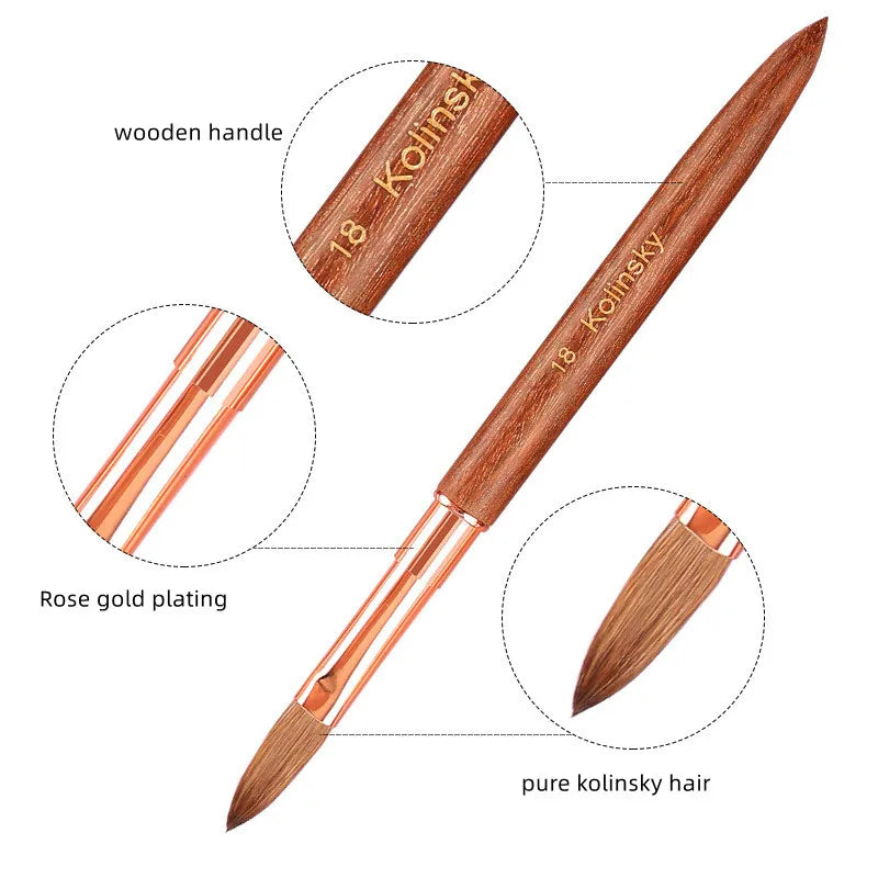 Wholesale 95% Pure Kolinsky Brush Pinched Wood Handle Nail Art Brushes for Acrylic Nails