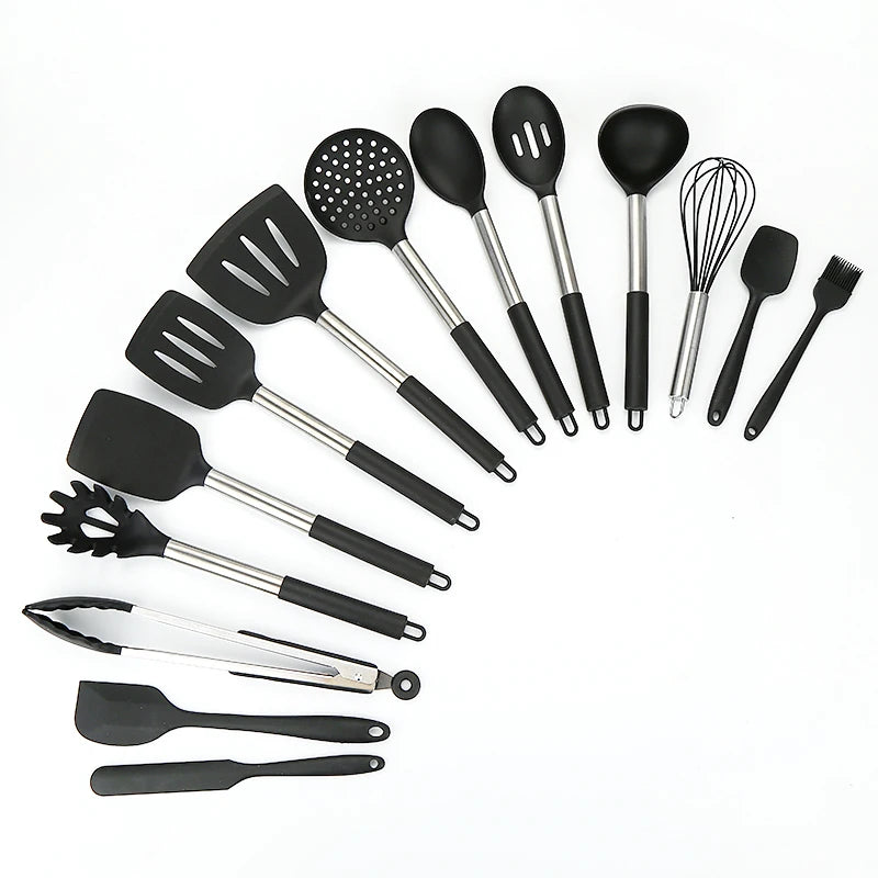 Silicone Kitchen Utensils Set With Holder Utensil  Stainless Steel Handles Specially Designed