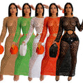 Autumn New Arrivals Long Sleeve See Through Hollow Out Bodycon Sexy Sequin Women Casual Dress
