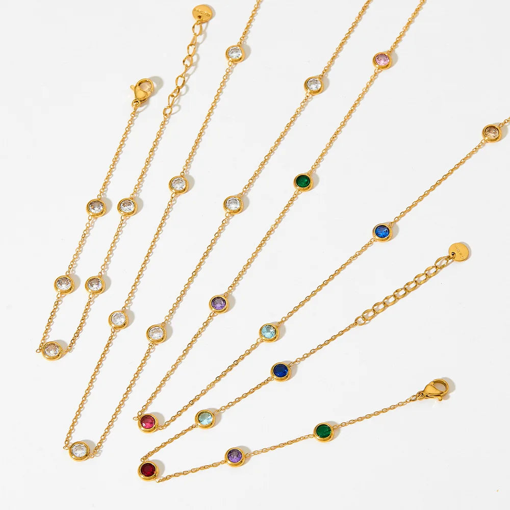 Stainless Steel Multicolored Layering Round Bezel Diamond Station Necklace Gold Wedding Engagement Choker Crystal Jewelry Gifts