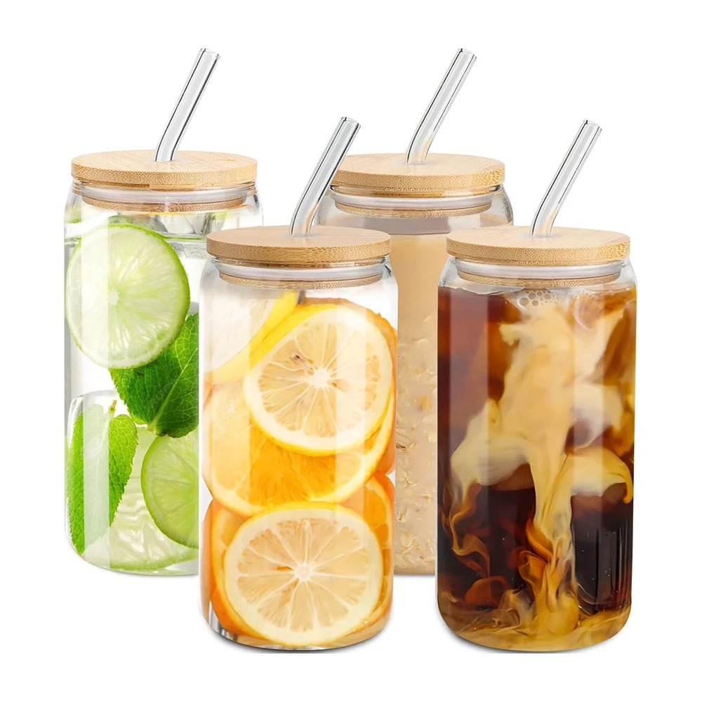 16OZ Bulk Glass Cups Low MOQ High Borosilicate Glass Cups With Bamboo Lid and Straw