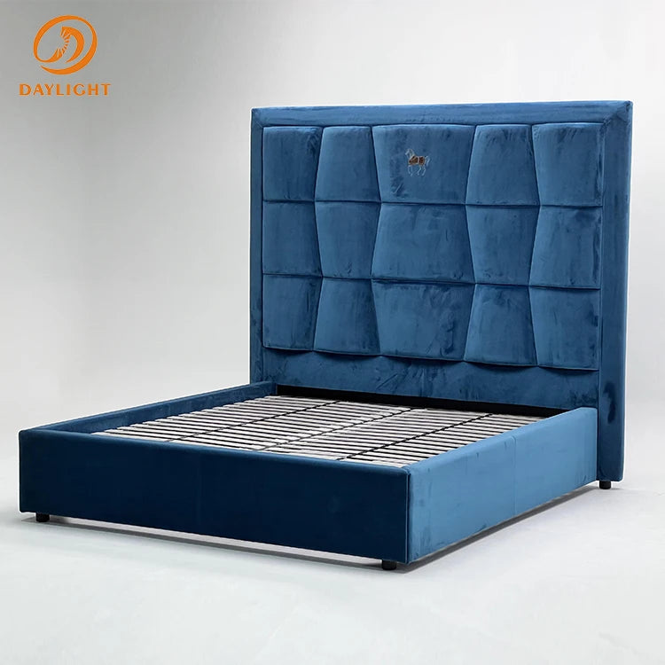 Luxury Solid Wood Designer Bed Frame Modern king Size Upholstered Bed High Headboard Set Dimensions Manufacture Wholesale