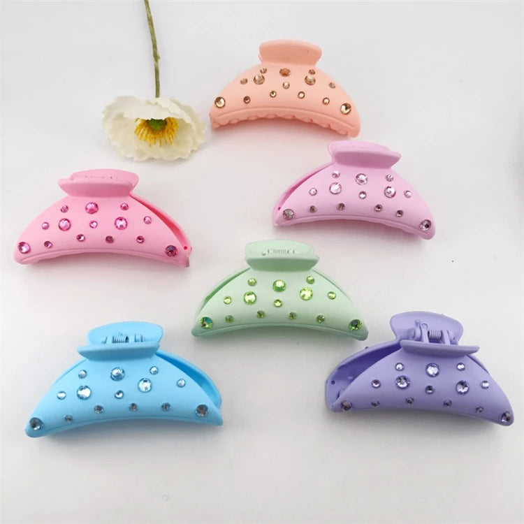 9cm Moon Shape Candy Colors Matte Hair Claws Non slip Ponytail Holder Plastic Claw Hair Clips with Rhinestone