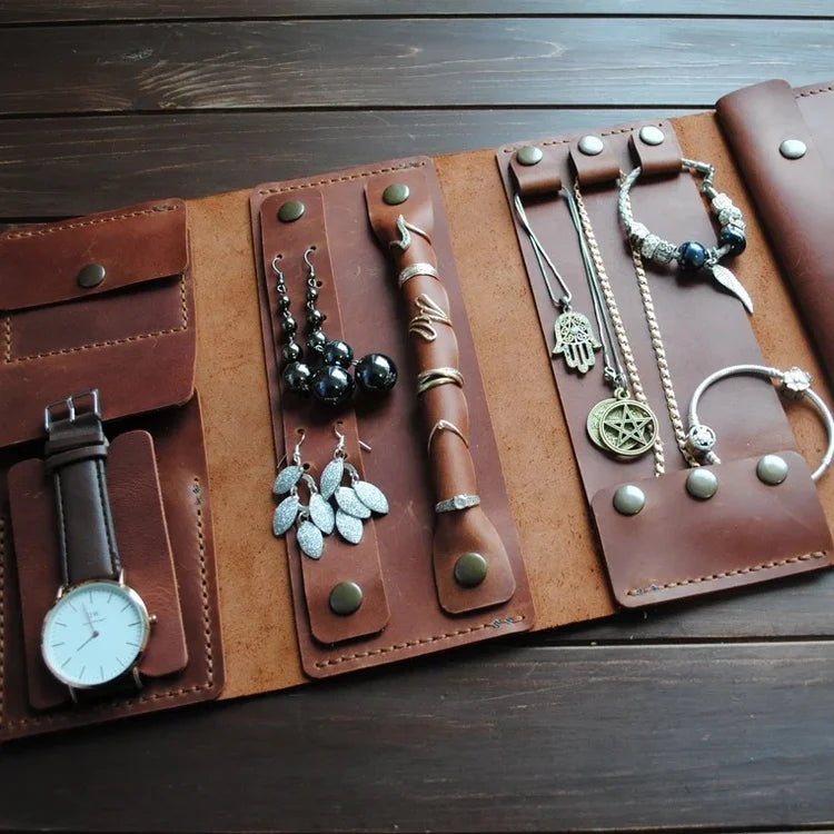 Foldable Personalized Storage Bag Ring Organizer Roll Leather Jewelry Travel Case