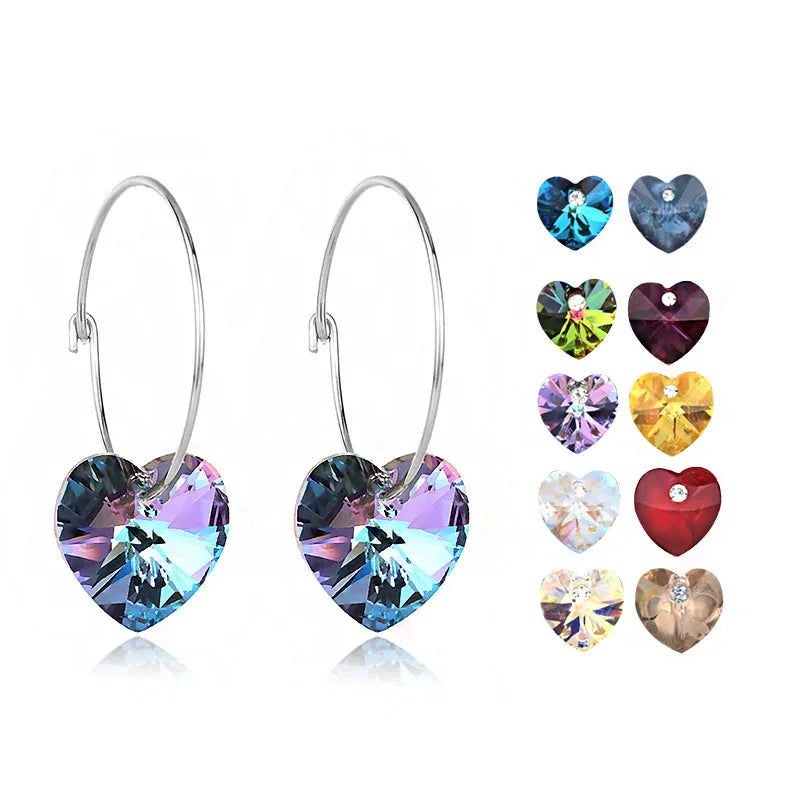 Hot Sale Colourful Crystal Pendant Earrings 925 Sterling Silver Heart Hoop Earrings for Women