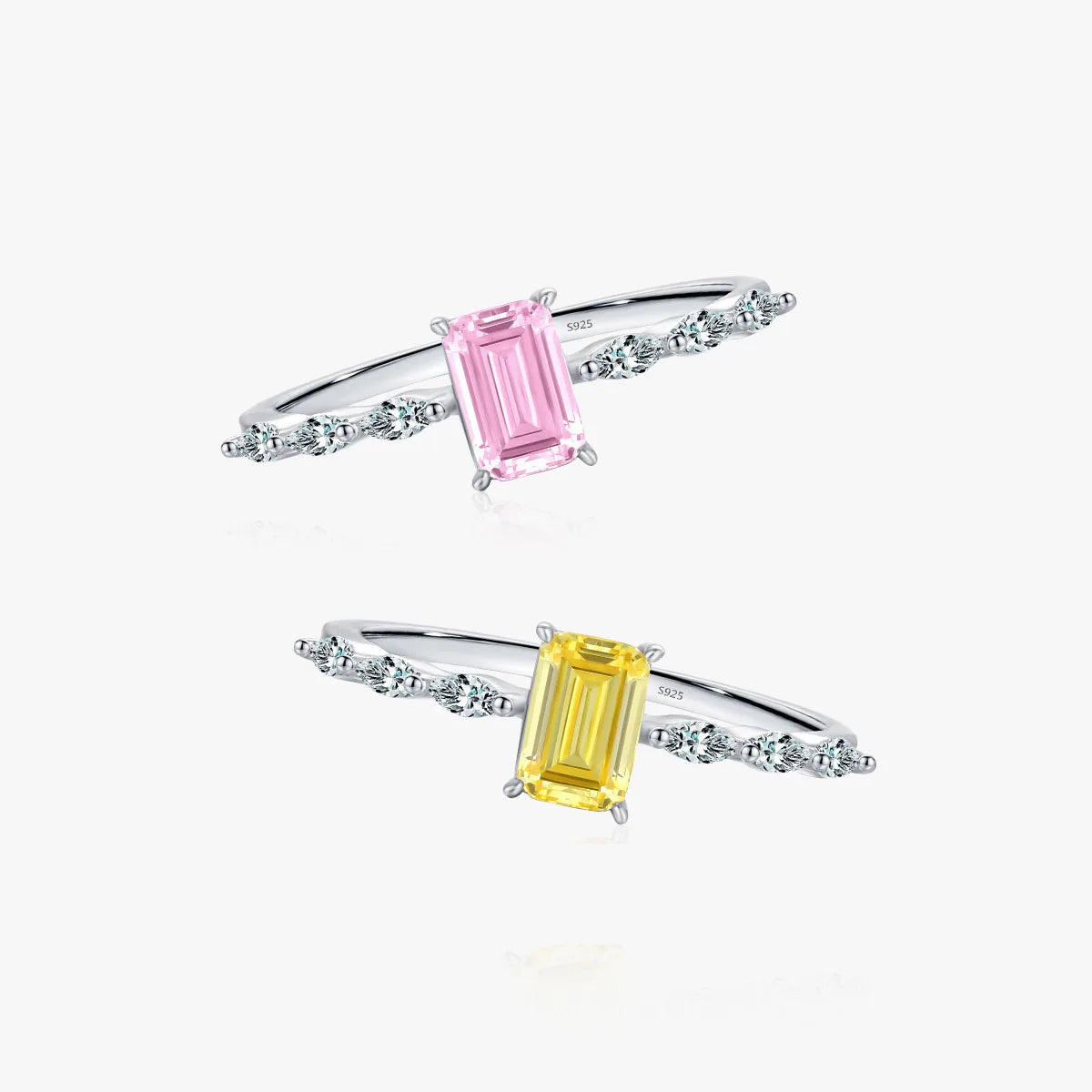 Sweet Cute INS Inspired 925 Pure Sterling Silver Square Pink Yellow Zircon Finger Rings Women Girls Wedding Engagement Jewelry