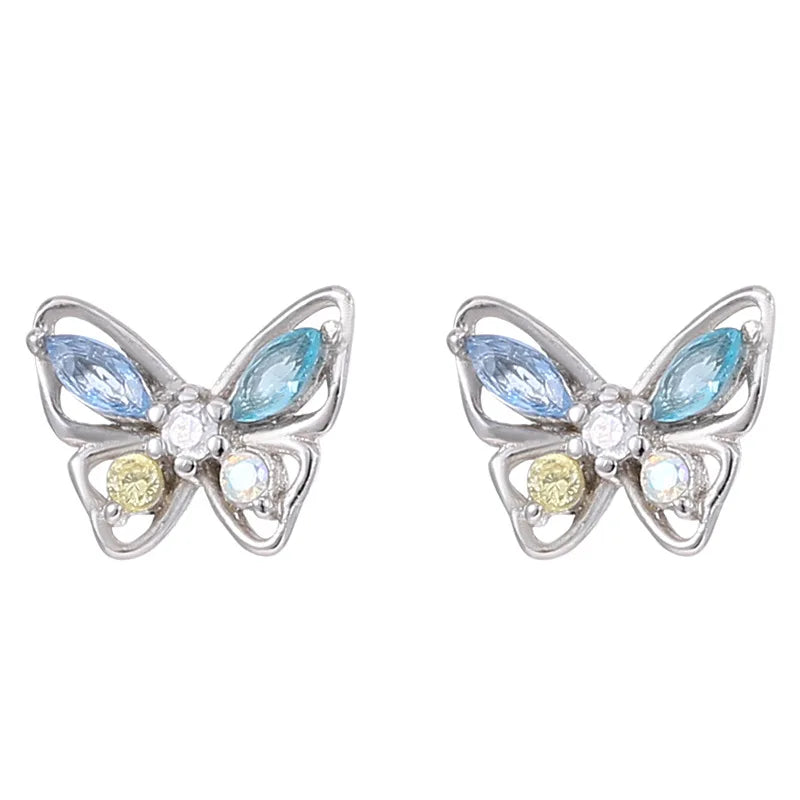 925 Sterling Silver Cute Animal Mini butterfly Colorful Zircon Gold Plated Stud Earrings for Women