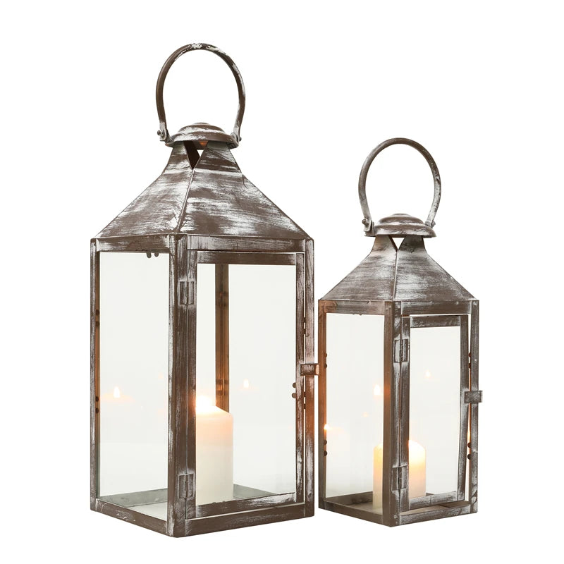 Set of 2 Antique Grey Brush Decorative Lanterns 17.5inch&13.5inch Metal Candle Lanterns Hanging Ring for Rustic Home Decor