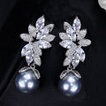 Shiny Cubic Zirconia Pave Setting Leaf Shape Silver Plated Bridal Dangling Gray Pearl Drop Earrings for Women Jewelry Gift