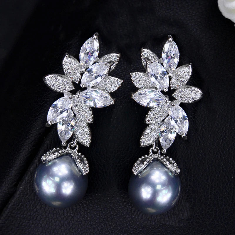 Shiny Cubic Zirconia Pave Setting Leaf Shape Silver Plated Bridal Dangling Gray Pearl Drop Earrings for Women Jewelry Gift