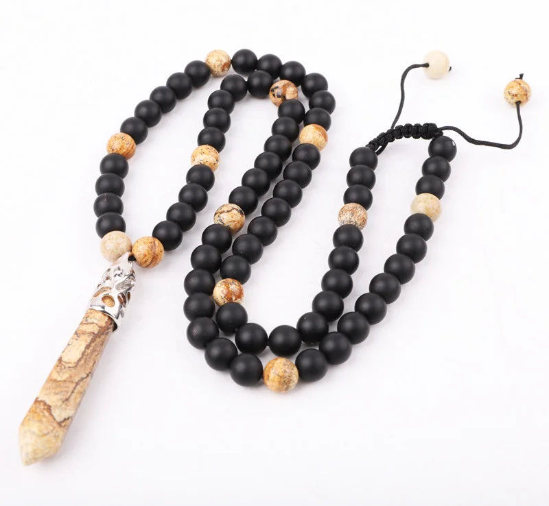 Hot Selling 8mm Natural Stone Healing Point Picture Jasper Pendant Matte Onyx Bead Man Jewelry Necklace
