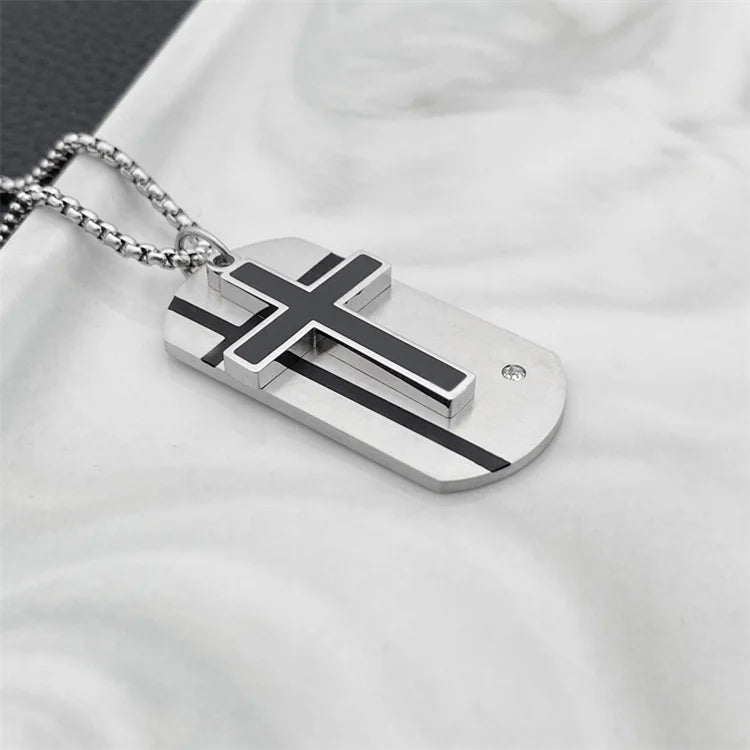 Classic Fashion Custom Smooth Dog Tags Pendant Stainless Steel Cross Enamel Necklace for Men