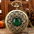 Emerald-Green Stone Opal Carved Hollow Bronze Pendant Reloj De Bolsillo Quartz Necklace Vintage Pocket Watch With Chain