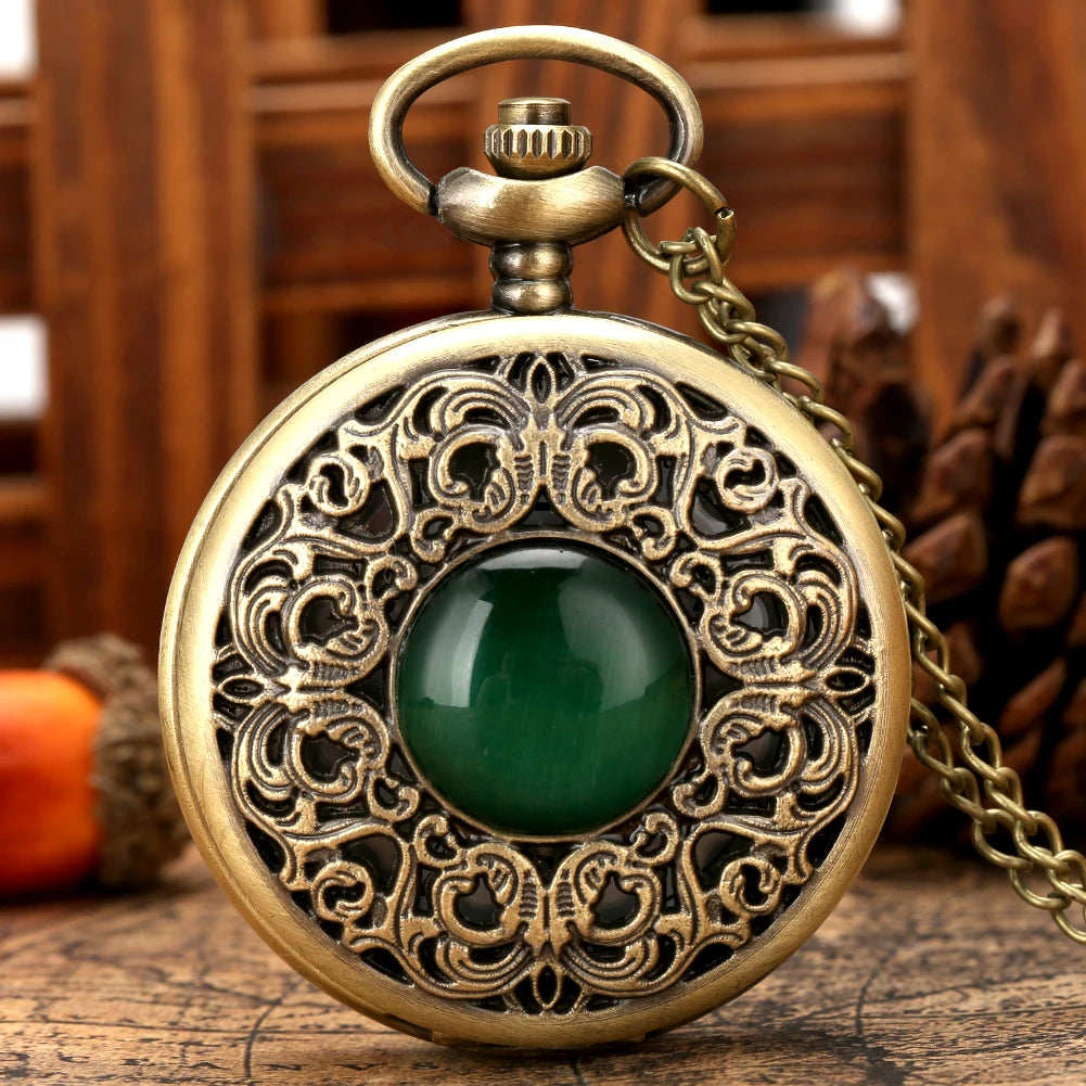 Emerald-Green Stone Opal Carved Hollow Bronze Pendant Reloj De Bolsillo Quartz Necklace Vintage Pocket Watch With Chain