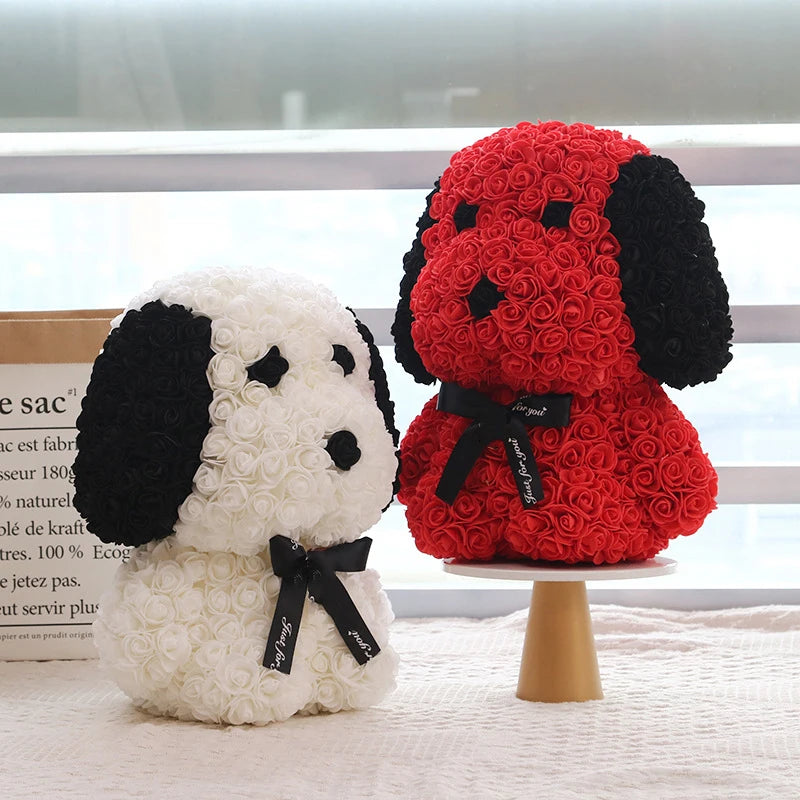 Hot Sale Rose Valentine Gift 35cm Dog Rose Artificial Foam Teddy Bear With Gift Box Flower PE Rose Sitting Dog