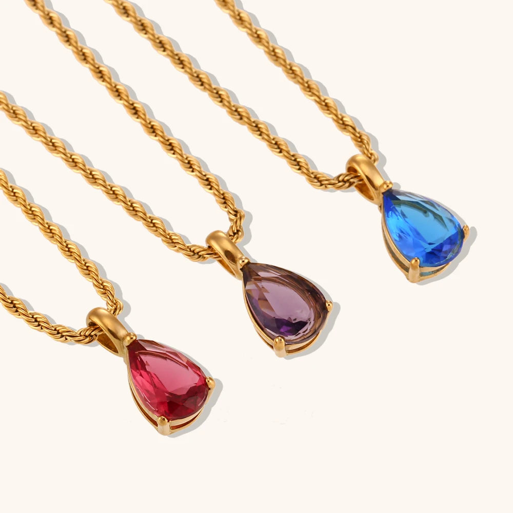 Dingran 2023 New Style Colorful Water Drop Zircon Necklace 18K Gold Plated Stainless Steel Hypoallergenic Rope for Anniversary