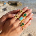 SUMMLY Vintage Creative Natural Stone Inlaid 18K Gold Plated Stainless Steel Open Rings Fashion Jewelry