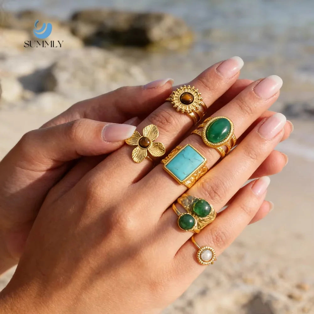SUMMLY Vintage Creative Natural Stone Inlaid 18K Gold Plated Stainless Steel Open Rings Fashion Jewelry