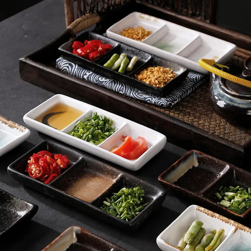 Japanese Style 3 Compartment Rectangle Restaurant Porcelain Three Grid Ceramic Soy Sauce Dish Set of Dishes