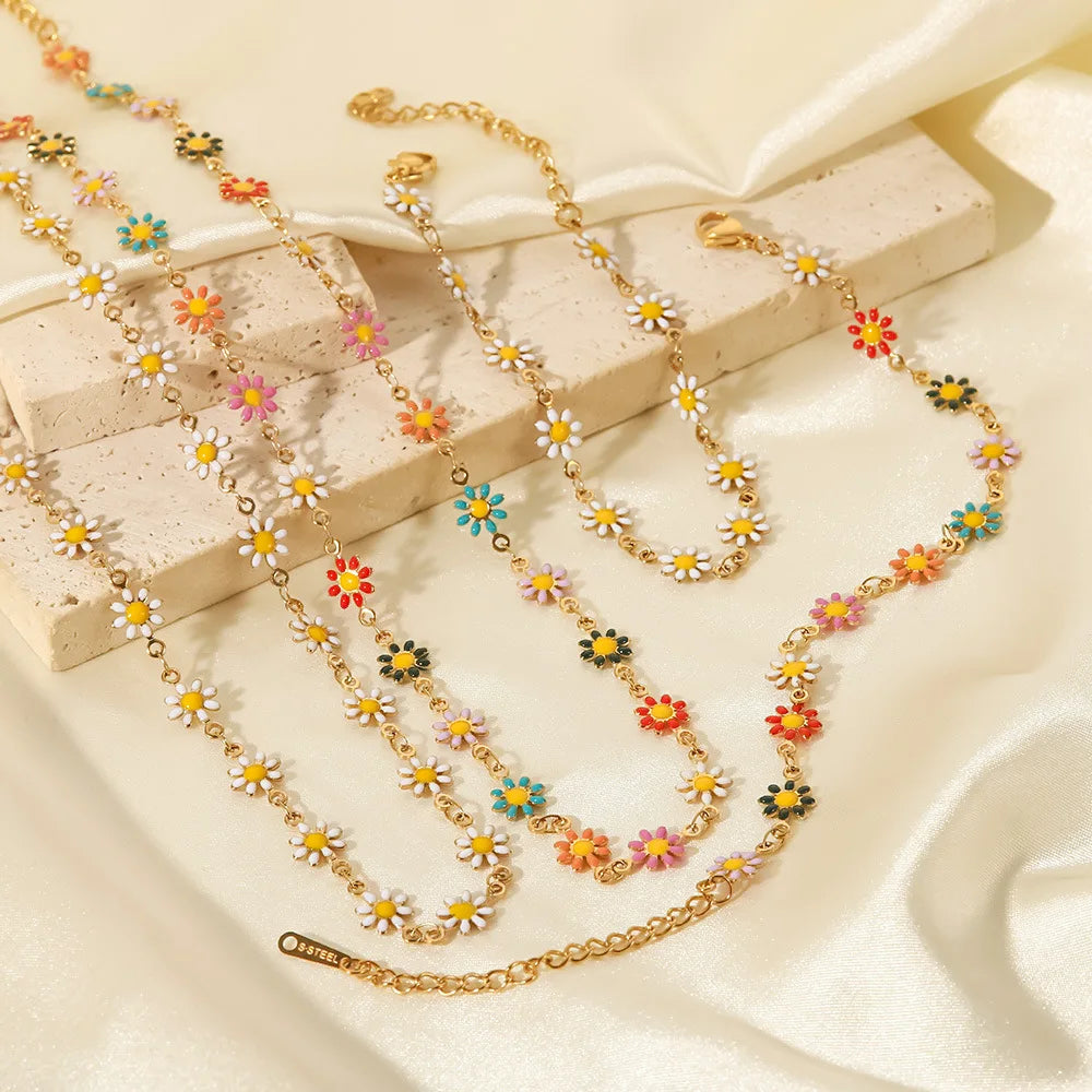 INS Fashion Stainless Steel 18K Gold Plated Ladies Bracelet Necklace Set Simple Small Daisy Chain Fashion Enamel Ladies Necklace