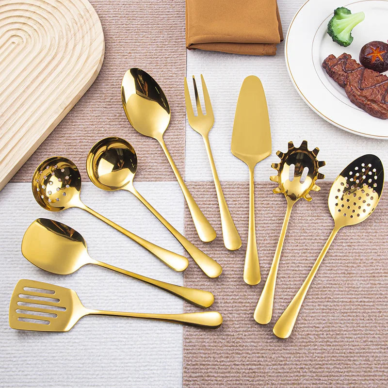 Gold Plated Stainless Steel Buffet Serving Set Large Spoons Forks Soup Ladle Cake Server for Hotel Wedding