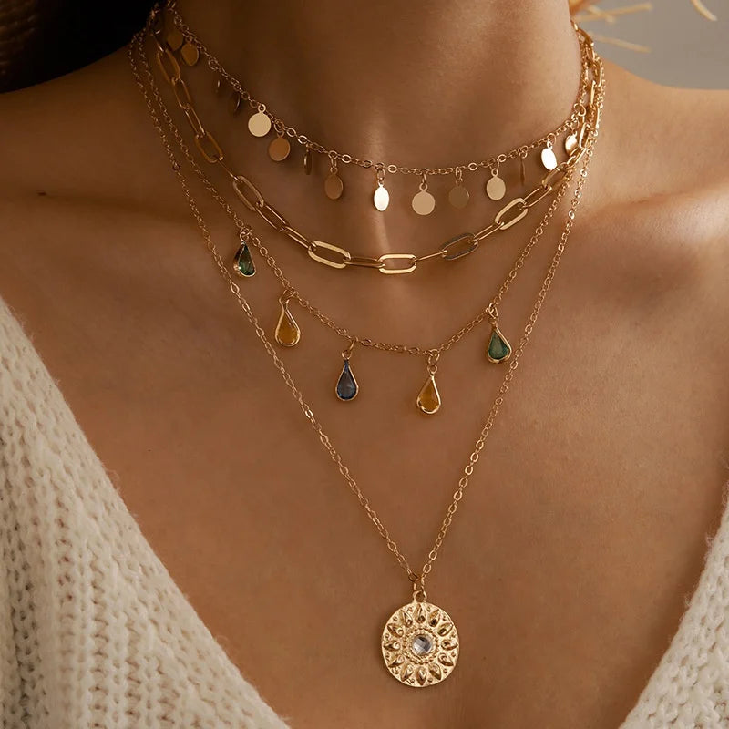 GT 2022 Popular Collar Multicapas Geometric Disc Fringe Necklace 4 Layers Rhinestone Tassel Multi Layered Necklace
