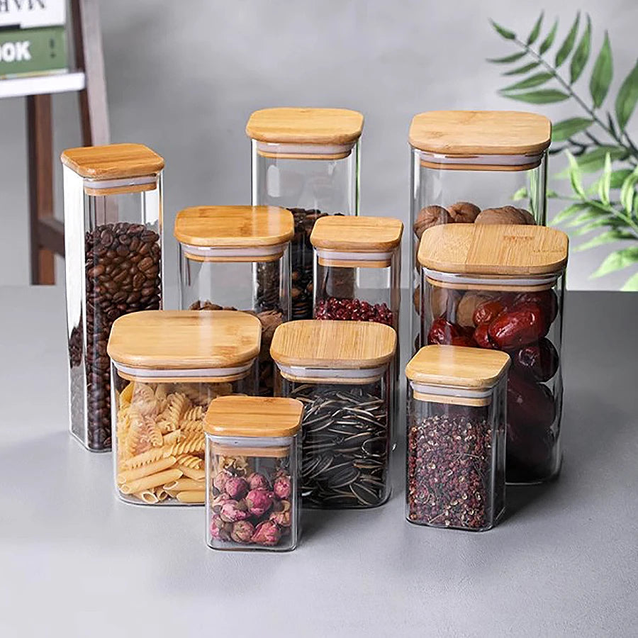 Modern Square Borosilicate Glass Storage Jar Bamboo Lid Environmentally Friendly Heat Resistant Airtight for Food Wholesale