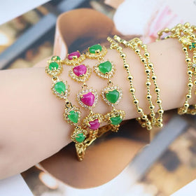 18k Gold Plated Puffy Heart Green Jade Stone Earring Bracelet Necklace Jewelry Sets for Women Valentine's Day Gift Jewelry
