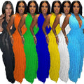 Summer New Arrivals Maxi Dress Halter Neck Sleeveless Sexy Deep V Neck Backless Pleated Tassel Long Dress for Women