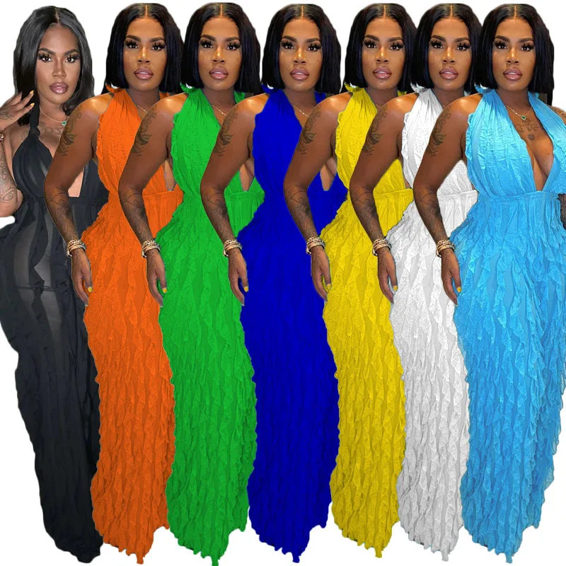 Summer New Arrivals Maxi Dress Halter Neck Sleeveless Sexy Deep V Neck Backless Pleated Tassel Long Dress for Women