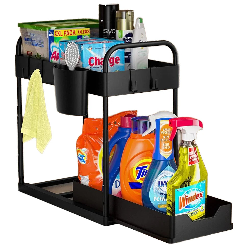 2 Pack Double Multifunction Under-Sink Organizers Hooks Plastic Carbon Steel Storage Racks for Bathroom Small Space Management