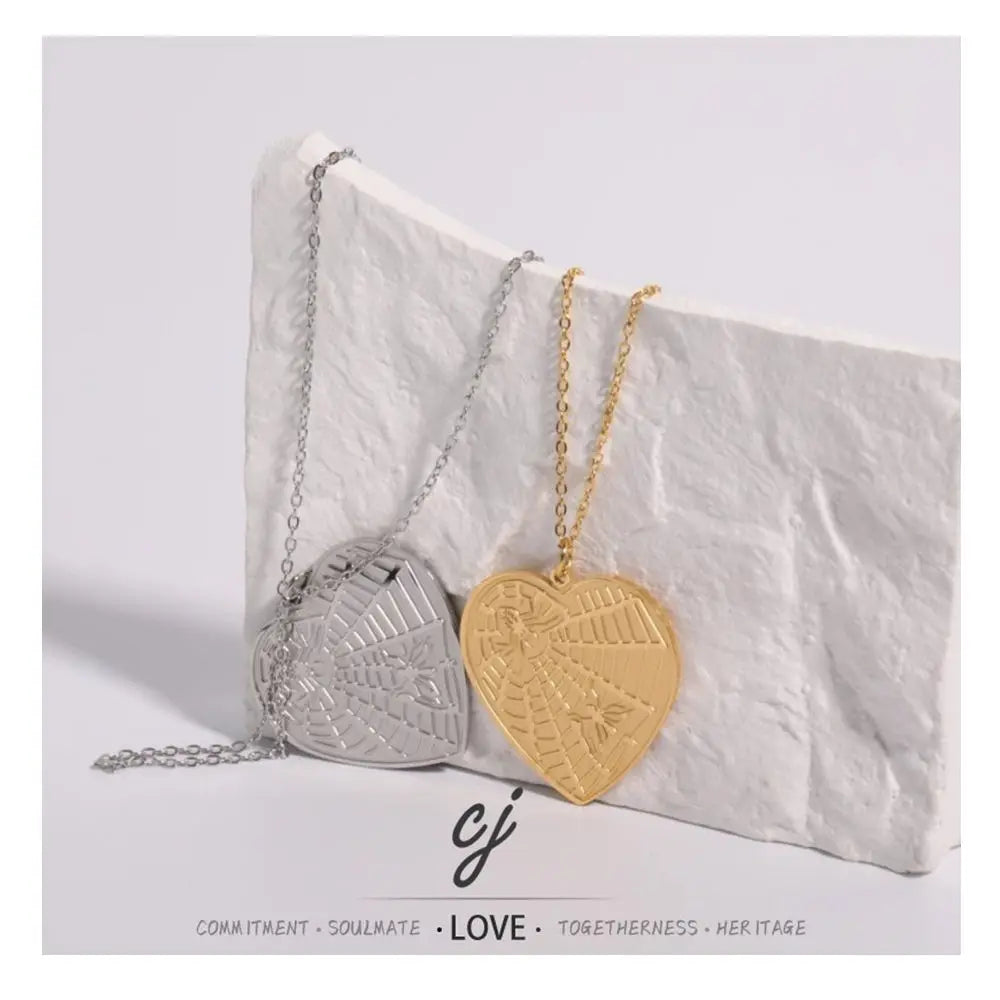 Carline Platinum & Gold Plated Stainless Steel Spiders Heart Pendant Necklace with Water-wave Chain Trendy Women's Jewelry