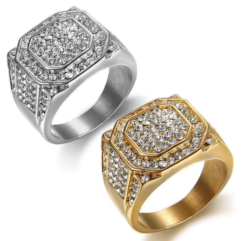 Hip Hop Gold & Silver Plated Stainless Steel Full Diamond Crystal Luxury Rings Jewelry for Man