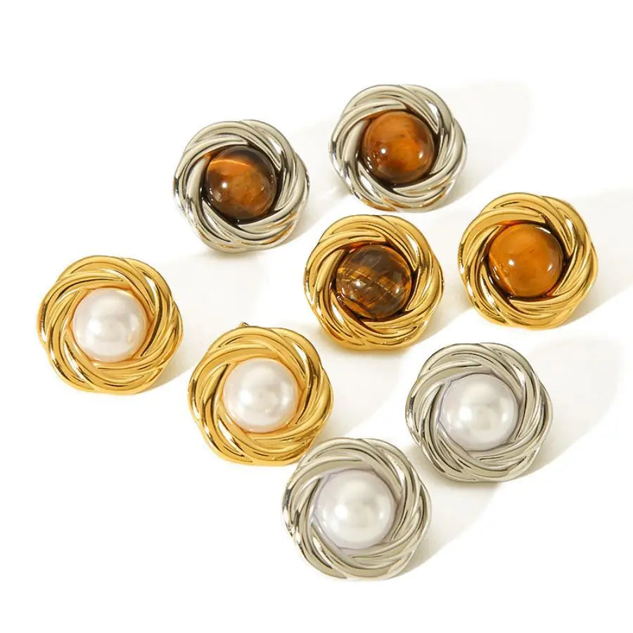 French Style Vintage Large Screw Twisted Natural Stone Stud Earrings Chic Stainless Steel Pearl Earrings Jewelry Wholesale