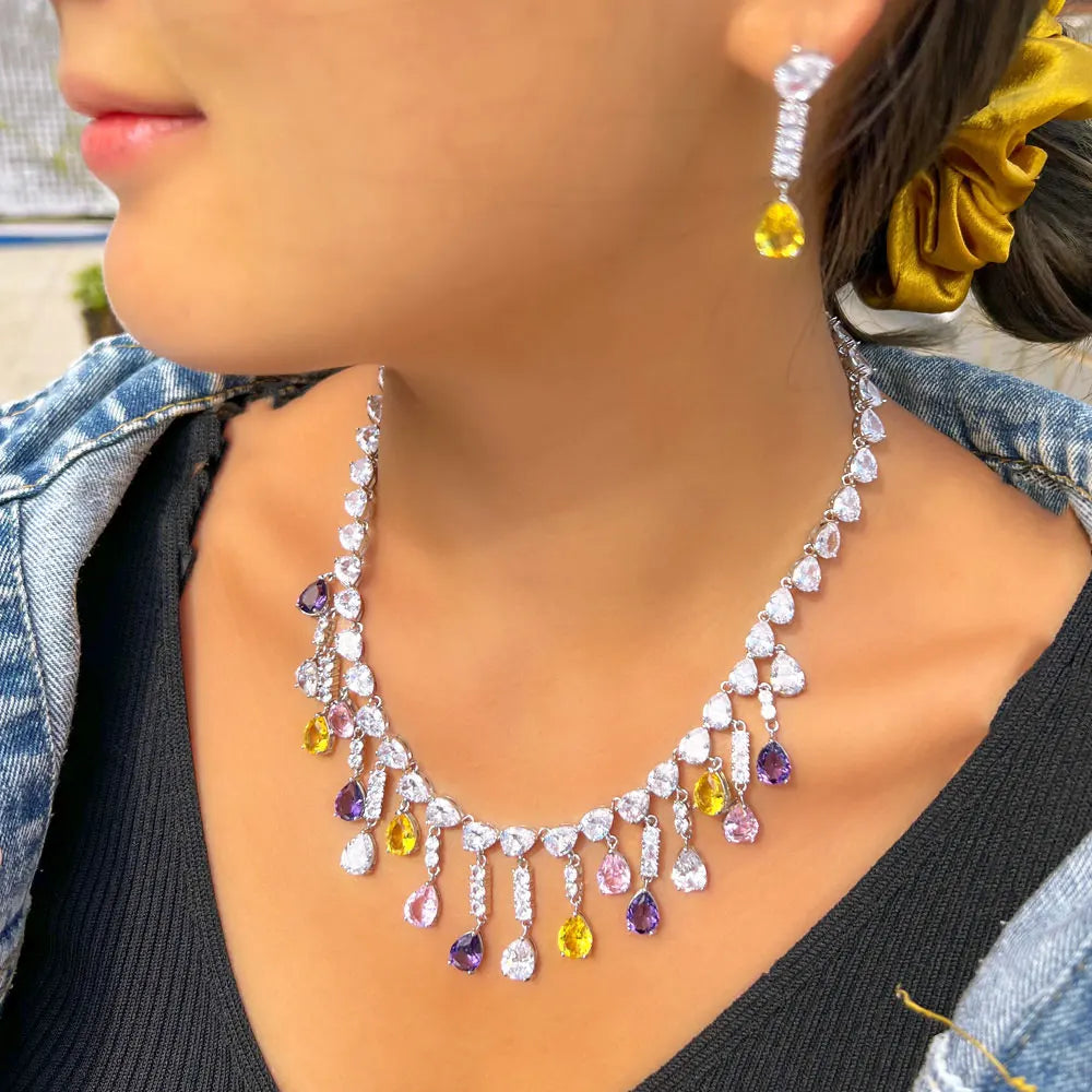 Silver Plated Full Water Drop Multicolor Cubic Zircon Stone Tassel Necklace and Earring Prom Engagement CZ Jewelry Set for Women MegaBDM