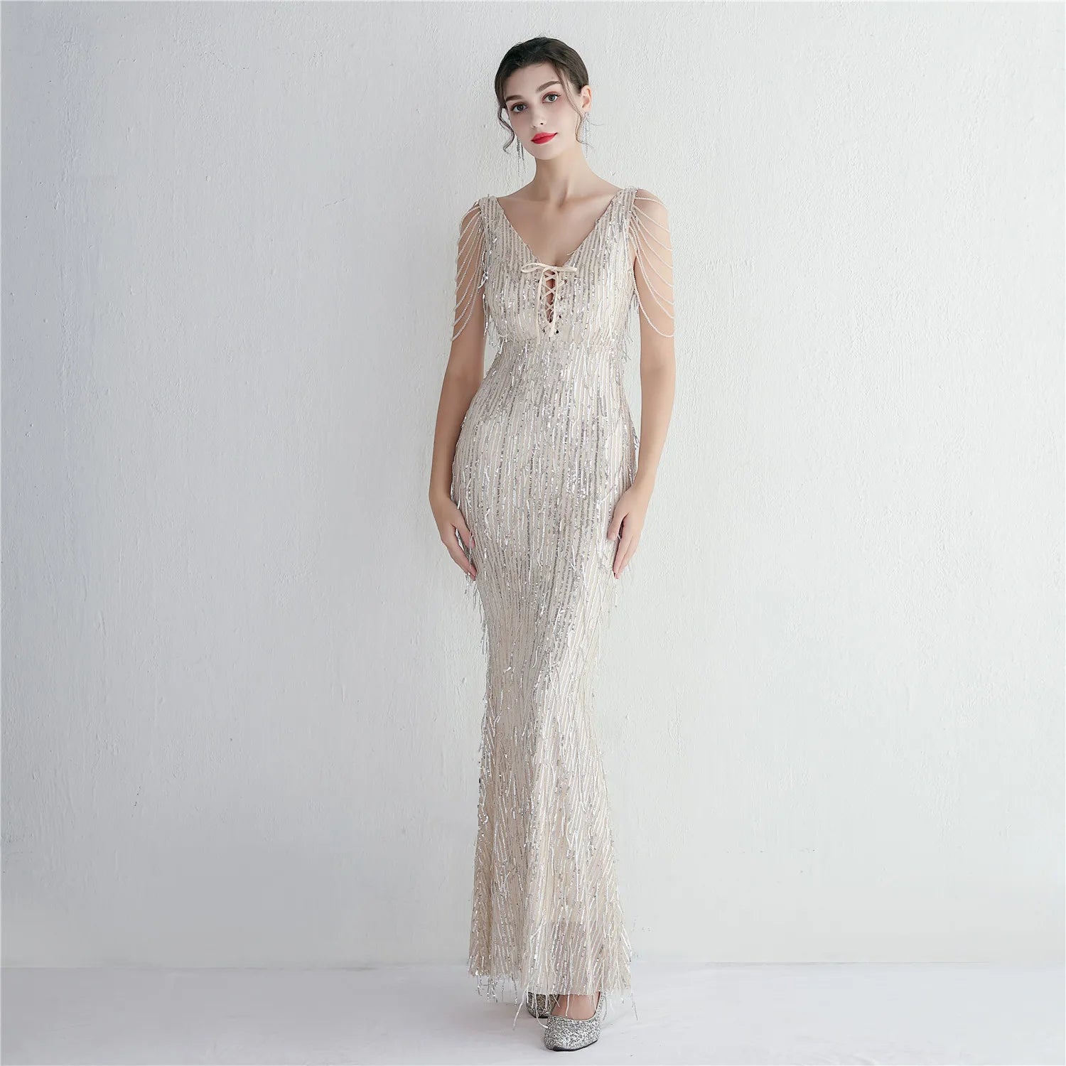 19602# Long Banquet Slim-fit Evening Temperament Elegant Long Polyester Thread Fringe Bead Evening Dress