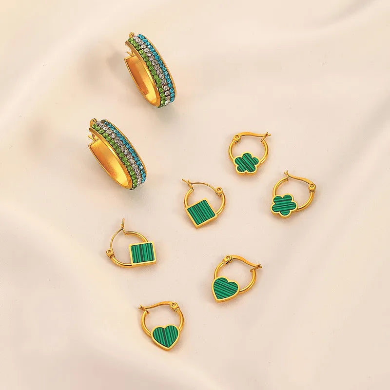 New Fashion INS Cute 18K Gold Plated Green Acrylic Heart Flower Shaped Stainless Steel Hoop Earrings Trendy Jewelry for Wedding