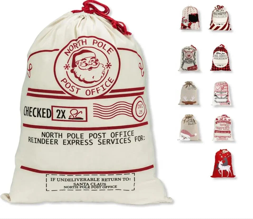 Santa Sacks Large Christmas Gift Bags with Drawstring Reusable Canvas Cotton Xmas Storage Package  27" X 19" Various Styles