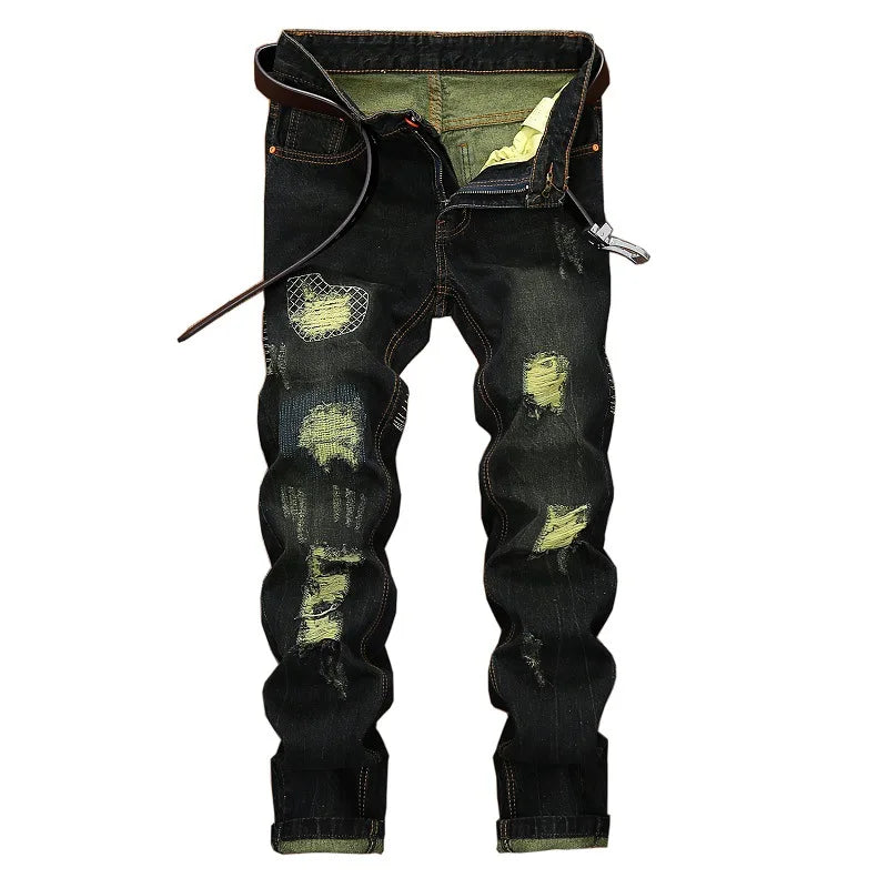 RNSHANGER Vintage Men's Jeans Without Belt High Street Motorcycle Fashion Casual Hip-hop Straight Denim Trousers for Male