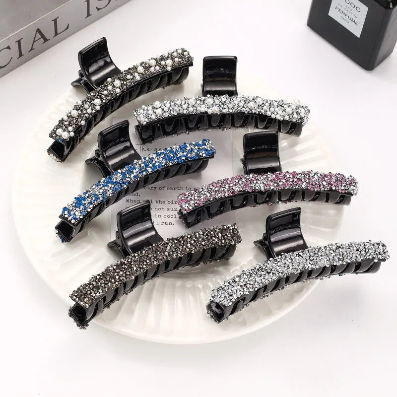 MIO New Arrival 9.5cm Hair Claw Clamp Crystal Glitter Claw Clip for Women Girls Pearls Plastic Big for Thick Hair Shark Clamp