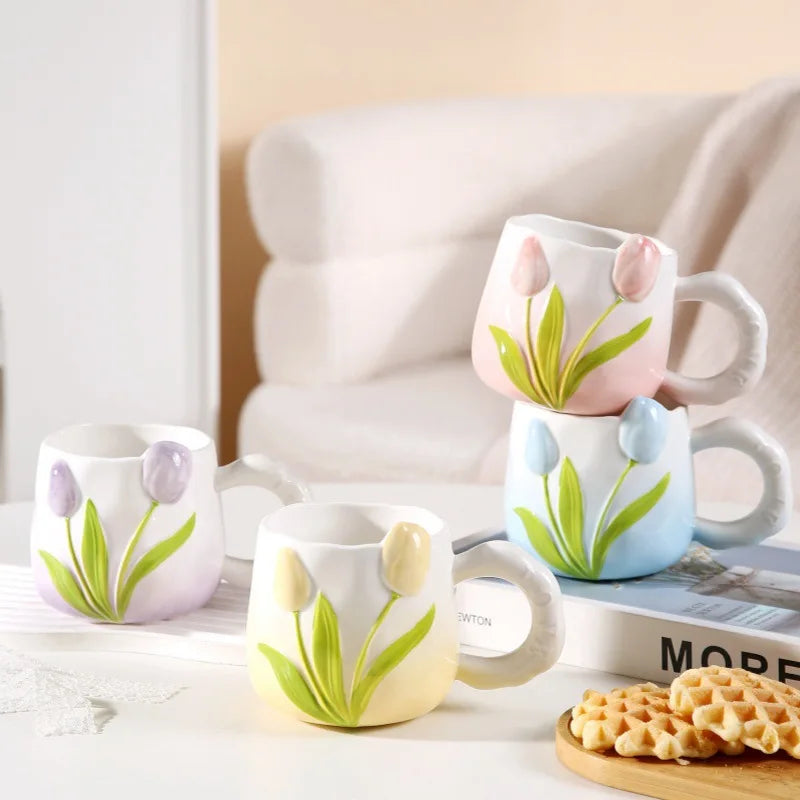 New Creative Tulip Embossed Luxury Ceramic Coffee Mugs INS Tulip Cup Ceramic Mug Hand Painted Porcelain Tea Cup Milk Mug