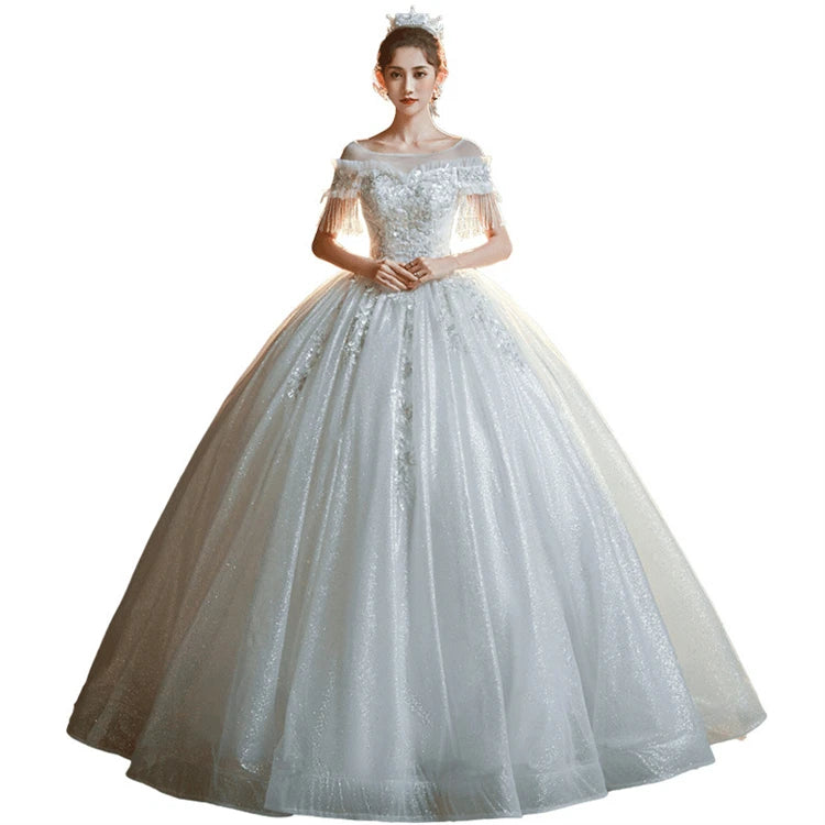 French Satin Wedding Dresses Luxury Beaded Sequin Tassel Embroidery One-shoulder Wedding Dress Long Dress for Women Wedding