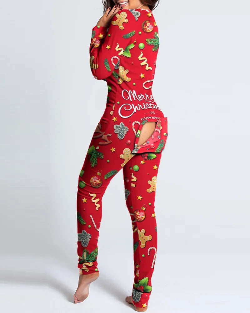 Women Jumpsuit Nightwear Pajamas Button Down Butt Flap Romper Sleepwear Christmas Pijama Mujer