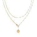 Fashionable 18K Gold Plated Double Layer Pearl Splicing Long Snake Bone Chain Stainless Steel Statement Charm Necklace YF4022