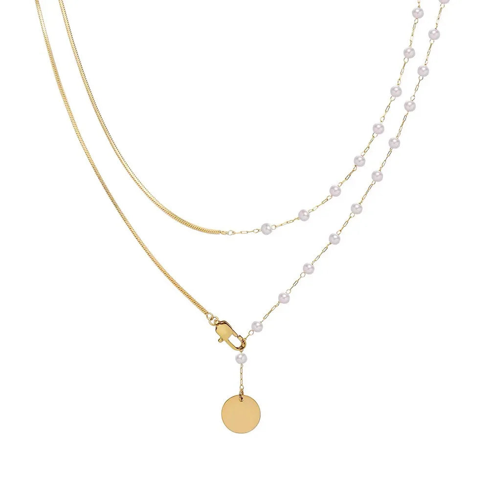 Fashionable 18K Gold Plated Double Layer Pearl Splicing Long Snake Bone Chain Stainless Steel Statement Charm Necklace YF4022